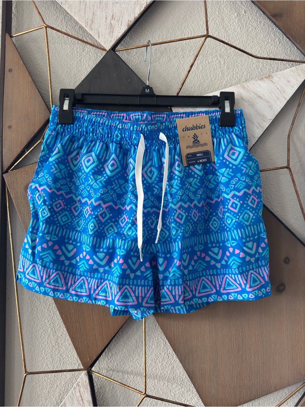 chubbies Blue Swim Trunks with Pink & Aqua Print 4”
